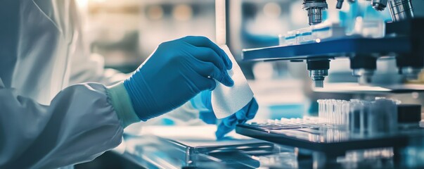 Close-up of a technician's hand applying a disinfectant wipe in a laboratory setting with test tubes and equipment