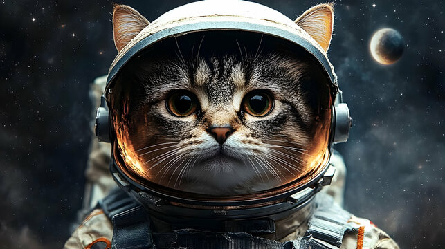 A tabby cat wearing an astronaut helmet and looking into the camera.
