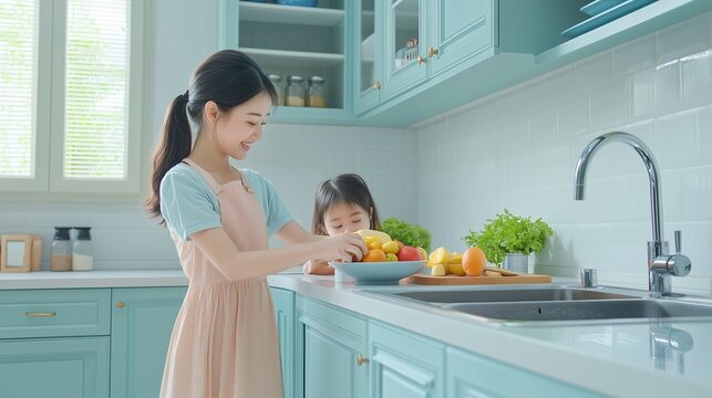 Two children joyfully preparing fresh fruits in a modern light blue kitchen in the morning