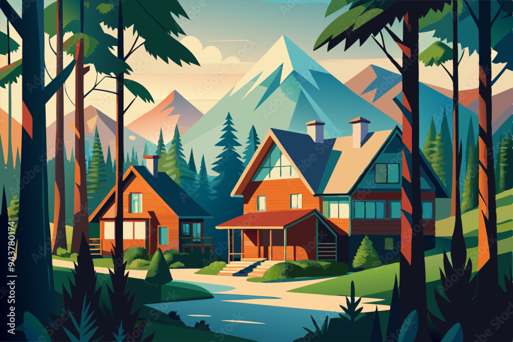 Poster vector landscape, sunset scene in nature with mountains and forest