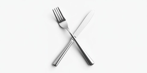 Fototapeta premium A 3D simple style icon of a shiny silver fork and knife crossed over each other floating above a clean white background representing dining and kitchen tools.