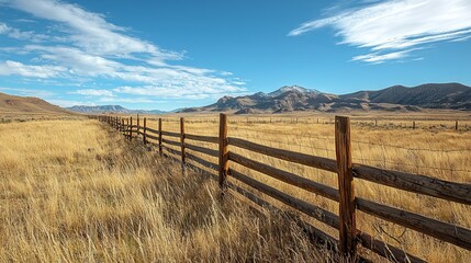 Rustic wooden fence stretching across a vast countryside landscape