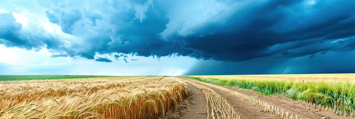 Dramatic sky over a rural landscape with a dirt road through golden wheat fields and green crops, showcasing nature's contrast before a storm.