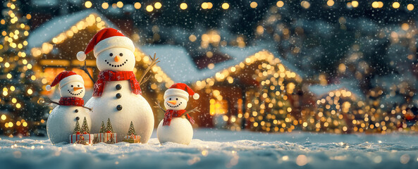 Obraz premium Festive snowmen family wearing Santa hats and scarves, surrounded by glowing holiday lights in a snowy setting.