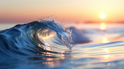 Stunning sunset over the ocean with a close-up view of a cresting wave, highlighting the beauty of nature and seaside tranquility.
