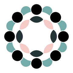 Circular design with alternating black, teal, and pink shapes on a white background