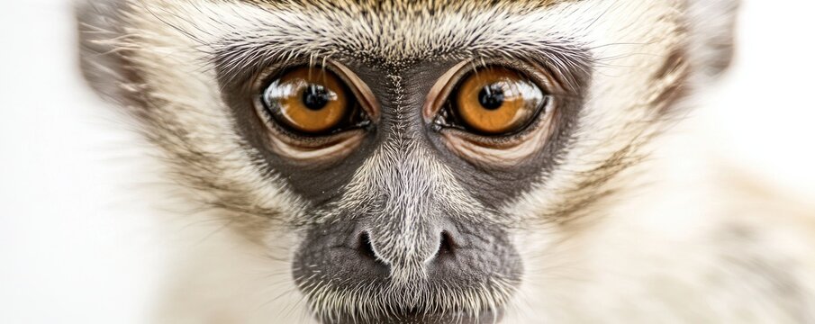 Close-up portrait of a vervet monkey displaying its intense gaze and detailed facial features against a white background