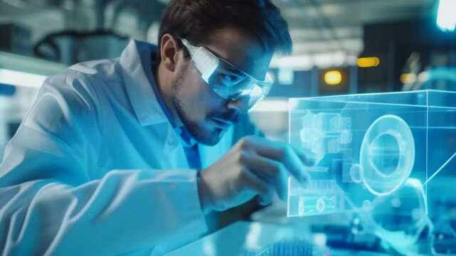 Engineer in a lab coat and safety glasses interacting with a holographic technical model in a high-tech laboratory. Concept of advanced engineering, innovation 