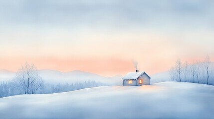 A snow-covered hillside with a lone cabin and a glowing fireplace, watercolor captures the peaceful winter isolation, winter solitude, fireplace warmth