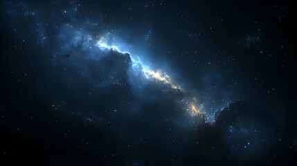 Obraz premium A vast, dark expanse of space with a glowing blue and yellow nebula.