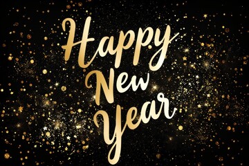 Happy New Year celebration phrase with gold decorations on a dark background