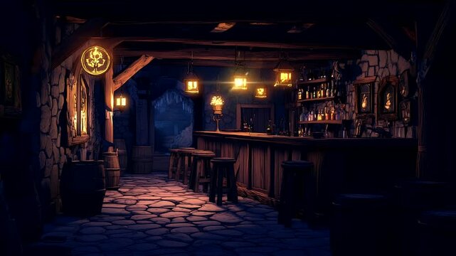 Rustic medieval tavern exterior with warm lanterns and wooden bar at night. Cozy fantasy animation background.