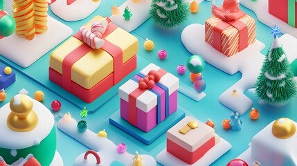 Christmas-themed isometric 3D rendering featuring flowing design elements like garlands and gifts