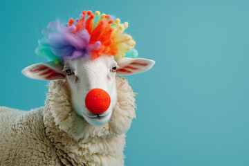 visually striking and premium quality photograph capturing the whimsical concept of an sheep with clown nose and clown multicolor wig, pastel blue background