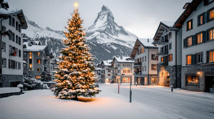 Fototapeta premium Winter Wonderland A Charming Village Adorned with Christmas Decorations, Snow-Covered Houses, and a Glowing Tree Set Against a Majestic Mountain Backdrop Capturing the Magic of the Holiday Season