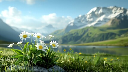 Beautiful daisies blooming in a mountain meadow with a serene lake and snow-capped peaks in the background.