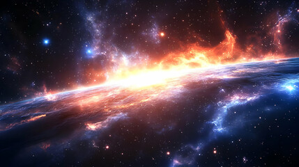 A vibrant and colorful nebula with fiery orange hues and bright blue stars in the foreground, creating a breathtaking cosmic landscape.