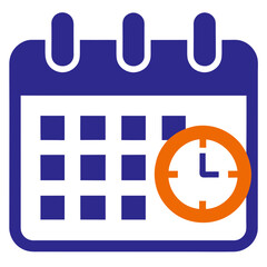 an icon of a calendar with a clock. The calendar is depicted in blue with a grid representing days, and it has two tabs at the top, suggesting a page-a-day style