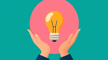 Creative inspiration, bulb in creator s hands, flat design illustration