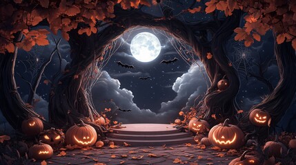 Obraz premium Spooky Empty Podium in Halloween Setting with Spider Webs, Bats, and Autumnal Accents moonlight For product presentation