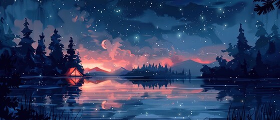 Fototapeta premium A serene landscape painting of a starry night sky reflecting over a calm lake with distant mountains and evergreen trees.