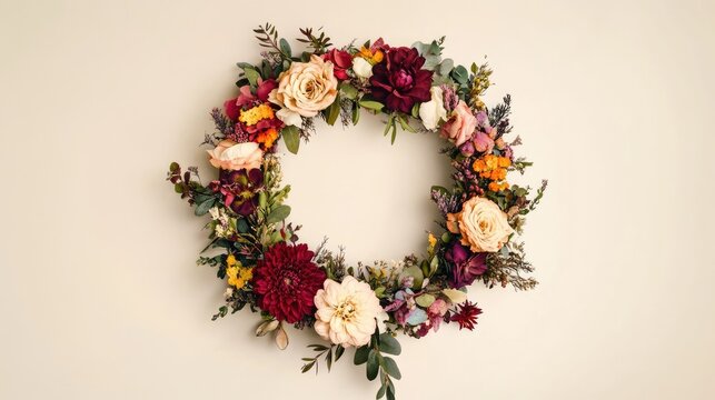 recommend clip art: A lush floral wreath in a circular shape, combining different flowers and foliage to create a balanced and pleasing pattern.
