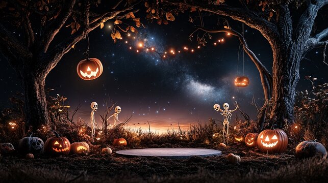 Halloween Themed Empty Podium with Whimsical Background of Animated Witches, Dancing Skeletons, and Starry Night Sky For product presentation