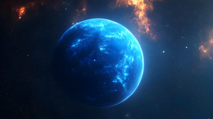 Obraz premium A vibrant blue planet with a glowing surface in a dark space with orange nebula in the background.