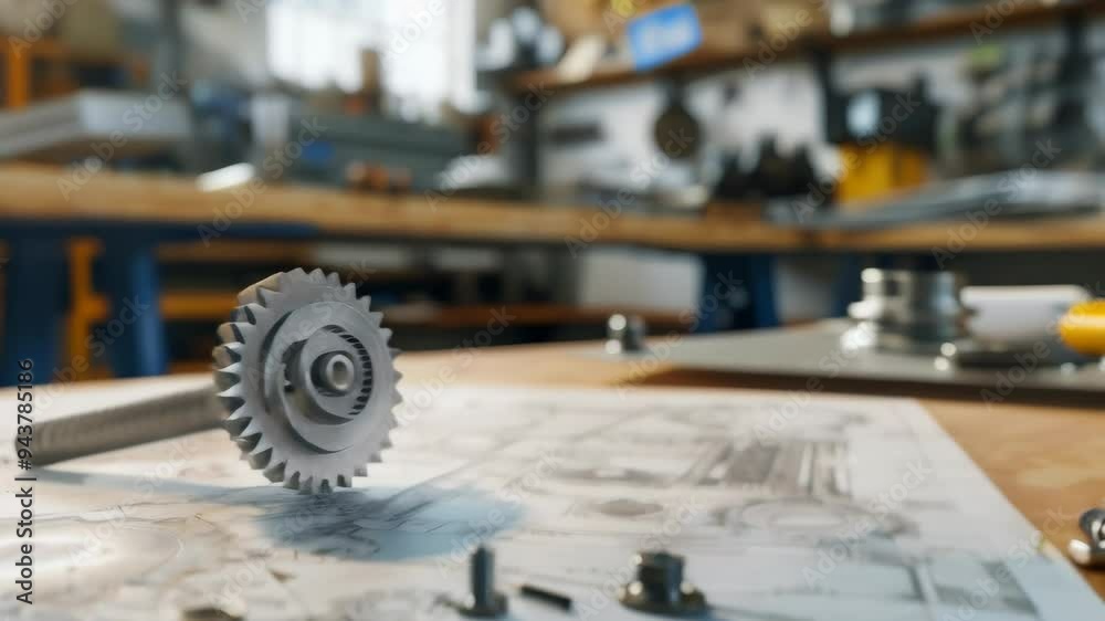 Aufkleber close-up of a metal gear and bolt resting on engineering blueprints in a workshop with tools and equ