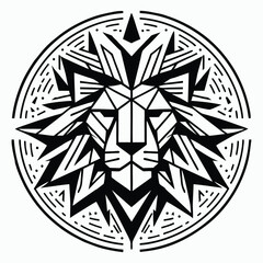 Detailed Black And White Lion Face Mandala Tattoo Style Design Illustration With Intricate Patterns.