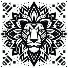 Detailed Black And White Lion Face Mandala Tattoo Style Design Illustration With Intricate Patterns.