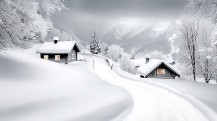 Fototapeta premium Winter Wonderland A Charming Village Adorned with Christmas Decorations, Snow-Covered Houses, and a Glowing Tree Set Against a Majestic Mountain Backdrop Capturing the Magic of the Holiday Season