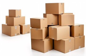 Boxes stacked in a random arrangement on a white background, ideal for shipping, storage, or moving purposes
