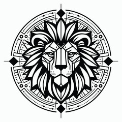 Obraz premium Detailed Black And White Lion Face Mandala Tattoo Style Design Illustration With Intricate Patterns.