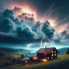 thunderstorm lighting in the sky and cloud over the farmhouse or the open field or city, extreme weather condition
