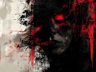 Abstract Portrait with Red Eye and Black Lines.