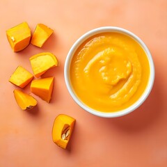 puree pumpkin soup in a white bowl, on a peach background