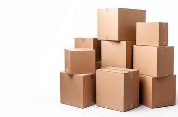 Obraz premium Boxes stacked in a random arrangement on a white background, ideal for shipping, storage, or moving purposes