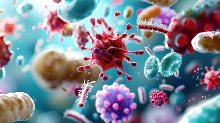 A vibrant depiction of various microscopic viruses and bacteria floating in a bluish background, showcasing microscopic organisms.