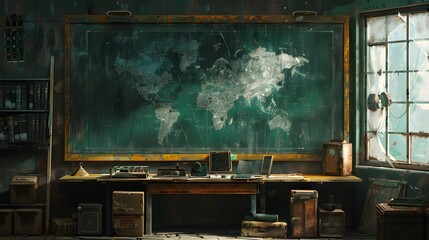 Vintage World Map Office Interior.