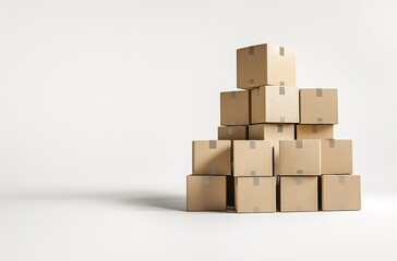 Obraz premium Boxes stacked in a random arrangement on a white background, ideal for shipping, storage, or moving purposes