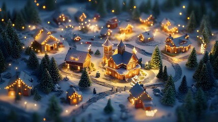 Festive isometric 3D rendering of a Christmas village with flowing garlands and twinkling lights