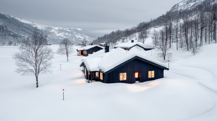 Winter Wonderland A Charming Village Adorned with Christmas Decorations, Snow-Covered Houses, and a Glowing Tree Set Against a Majestic Mountain Backdrop Capturing the Magic of the Holiday Season