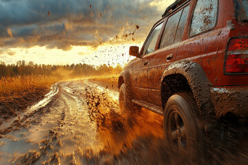 Fototapeta premium An adventure car races through muddy terrain as the sun sets