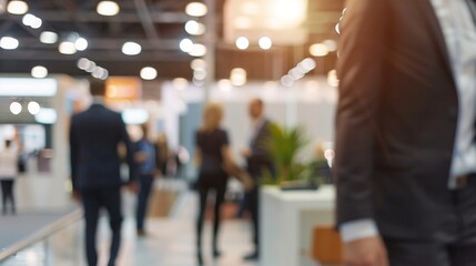 Blurred silhouettes of business professionals navigating a bustling trade show floor, with bright overhead lighting and exhibition booths visible in the background.