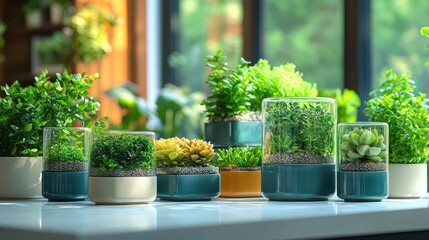 A collection of modern glass terrariums containing various succulents, artfully arranged on a white countertop, with vibrant green plants surrounding them