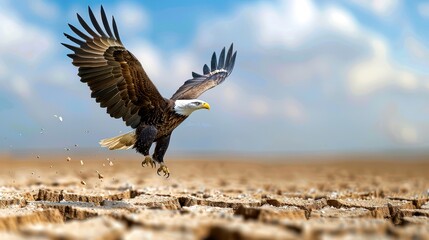 Obraz premium Majestic bald eagle takes flight over dry, cracked earth with a vivid blue sky in the background, symbolizing freedom and strength.