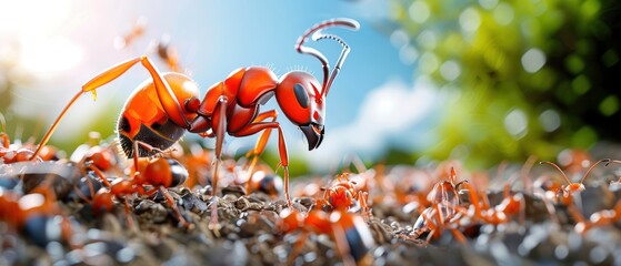 Close-up of red ants working together in nature, focusing on a single ant with a blurred green background. Teamwork and collaboration at its best.