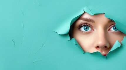 Close-up of a woman's blue eyes peeking through a turquoise torn paper, artistic portrait concept with captivating eye detail and vibrant background.