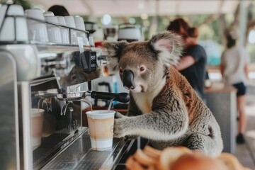 A koala wearing a barista uniform makes a cup of coffee at a cafe
